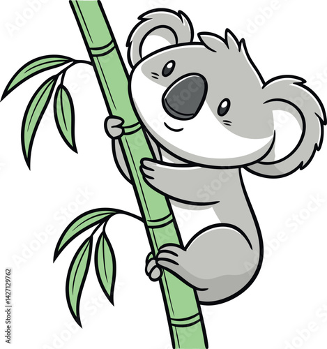 Koala's Bamboo Ascent: A charming cartoon koala clings to a bamboo stalk amidst a simple backdrop, epitomizing the tranquil essence of the Australian bushland, inviting a sense of serenity and peace.