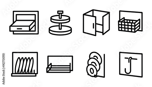 Kitchen storage outline icons set – modern organization symbols for efficient space management and stylish design: drawer, lazy susan, cabinet, basket, dish rack, shelf, wall hook