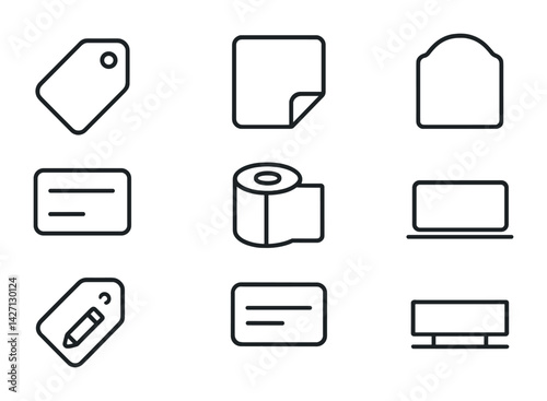 E-commerce and retail outline icon set – minimalist shopping and sales graphics for digital marketplaces, featuring icons like price tag, receipt, shopping cart, barcode, discount sign, storefront,