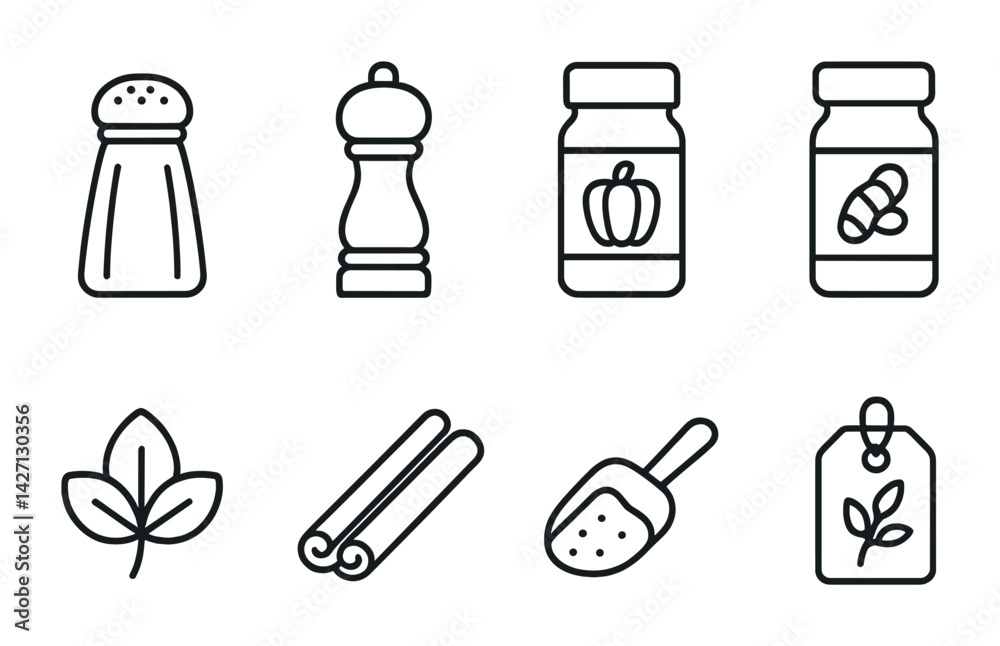 Spice and herbs icon set – outline style culinary and kitchen symbols for cooking and seasoning: salt shaker, pepper mill, paprika, turmeric, basil, cinnamon, spoon, label