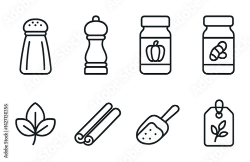 Spice and herbs icon set – outline style culinary and kitchen symbols for cooking and seasoning: salt shaker, pepper mill, paprika, turmeric, basil, cinnamon, spoon, label