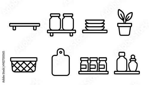 Kitchen organization icon set – outline style household and storage symbols for home management, orderliness, and cooking: shelf, jars, plant, basket, plates, cutting board, bottles