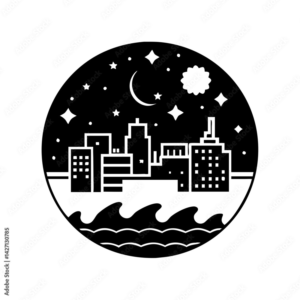 Obraz premium night cityscape icon, night cityscape silhouette vector illustration-simple silhouette illustration of night cityscape,night cityscape vector