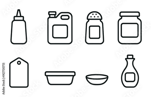 Kitchen essentials icon set – outline style cooking and food preparation symbols: oil bottle, gas can, salt shaker, jam jar, price tag, container, bowl, sauce bottle