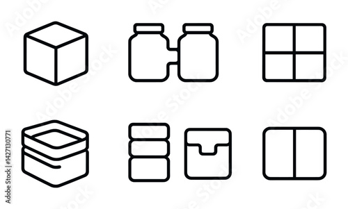 Container and box outline icon set – sleek and minimalist packaging symbols for storage, organization, and logistics: cube, jar, grid, nested box, stacked box, partition