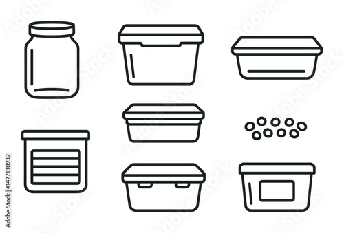 Kitchen storage containers icon set – outline style pantry and organization symbols for food preservation, home storage, and meal prep: jar, box, bin, lid, stack, label, capsules