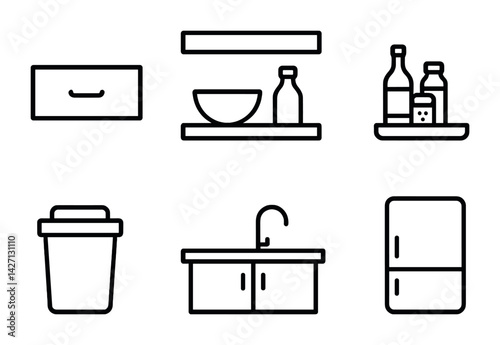 Kitchen essentials icon set – outline style cooking and household symbols for culinary, home organization, and design: drawer, shelf, spice rack, trash can, sink, fridge