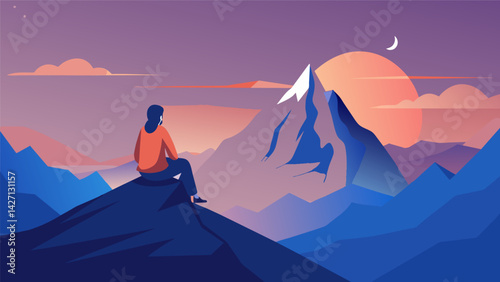A person sitting atop a mountain peak gazing out at the vast expanse signifying the clarity and perspective gained through personal growth.. Vector illustration