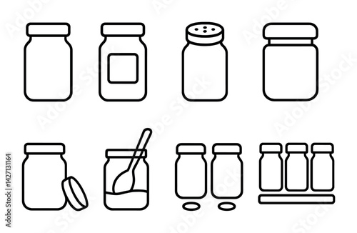 Glass jar icon set – outline style storage and preservation symbols for kitchen organization, pantry decor, food container, mason jar, spice jar, honey jar, jam jar