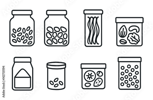 Food storage icon set – linear style pantry essentials for kitchen organization, preservation, and ingredient management: jars, seeds, pickles, nuts, spices, herbs, beans