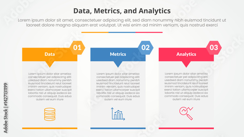 Data metrics and analytics infographic concept for slide presentation with big table arrow header badge with 3 point list with flat style