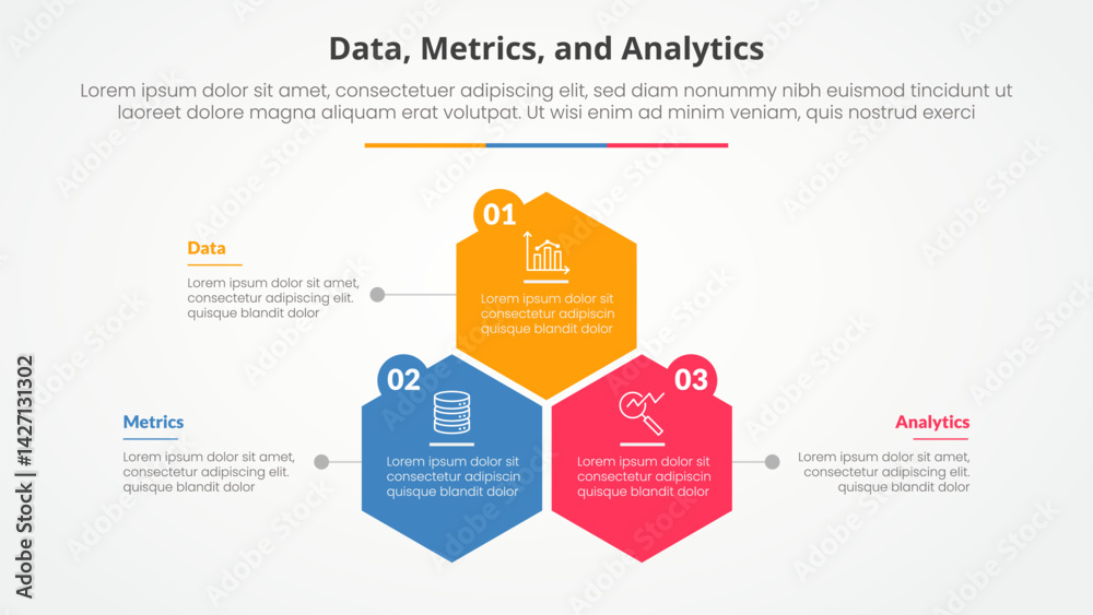 Data metrics and analytics infographic concept for slide presentation with hexagon or hexagonal shape structure with 3 point list with flat style Data metrics and analytics infographic concept for slide presentation with hexagon or hexagonal shape structure with 3 point list with flat style