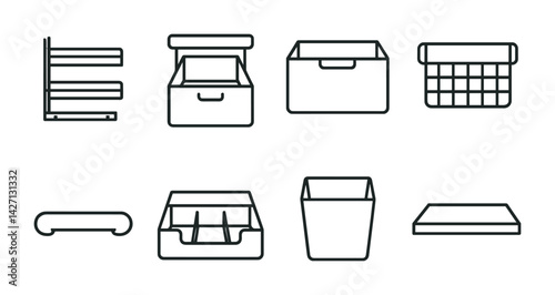Office organization outline icons set – linear style storage and decluttering symbols for efficient workspace management: shelf, box, basket, tray, wastebasket, divider