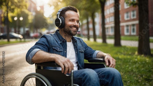 man in wheelchair listening to music on headphones. Concept of inclusivity and ability to have fun