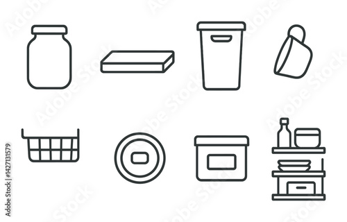 Storage and organization icon set – outline style home organization and decluttering symbols for efficient space management: jar, shelf, basket, container, scoop, box, tray