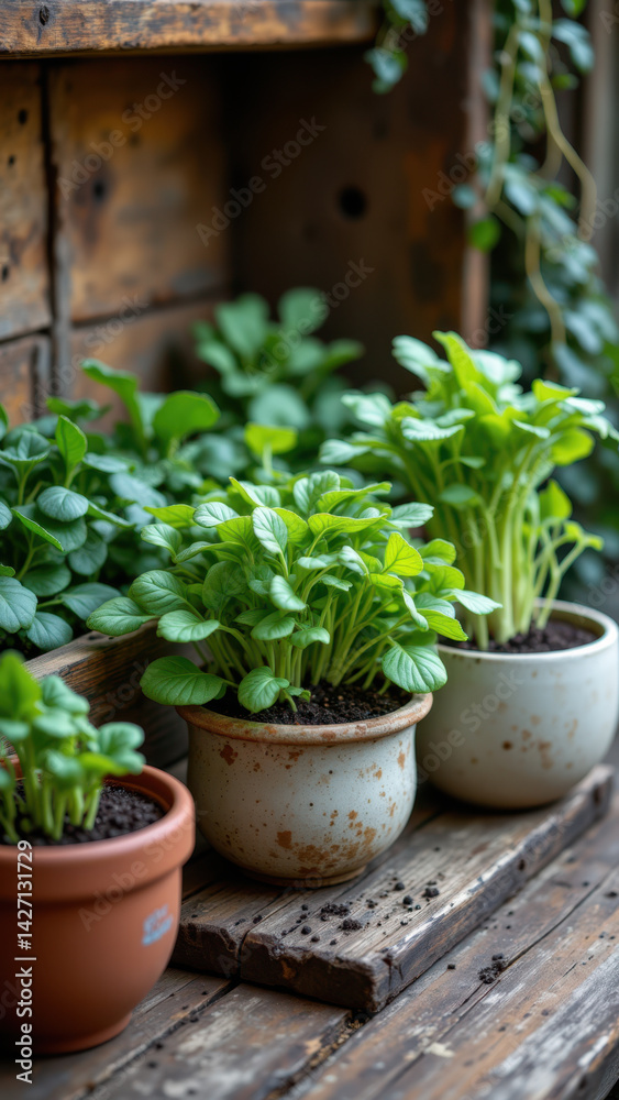 Collection of small potted plants on a rustic wooden shelf against a wall with green foliage, emphasizing natural agriculture and permaculture themes. Collection of small potted plants on a rustic wooden shelf against a wall with green foliage, emphasizing natural agriculture and permaculture themes.