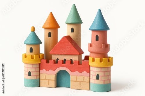 Colorful Wooden Toy Castle With Turrets and Drawbridge for Imaginative Play
