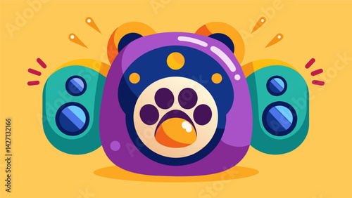 A colorful pawshaped speaker that plays a variety of upbeat tunes to elevate a pets mood and promote playfulness.. Vector illustration