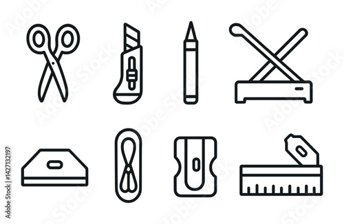 Office tools icon set – outline style stationery and work symbols for organization and productivity: scissors, box cutter, pencil, paper cutter, rubber band, pencil sharpener, ruler