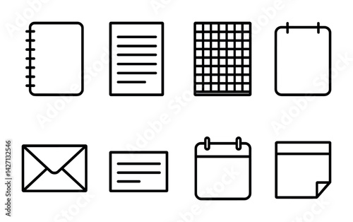 Office supplies icon set – outline style for business and organization tools: notebook, document, grid paper, clipboard, envelope, card, calendar, sticky note