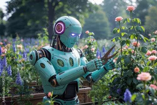 Robot gardener meticulously tending to a vibrant flower garden during a sunny afternoon in a lush park setting