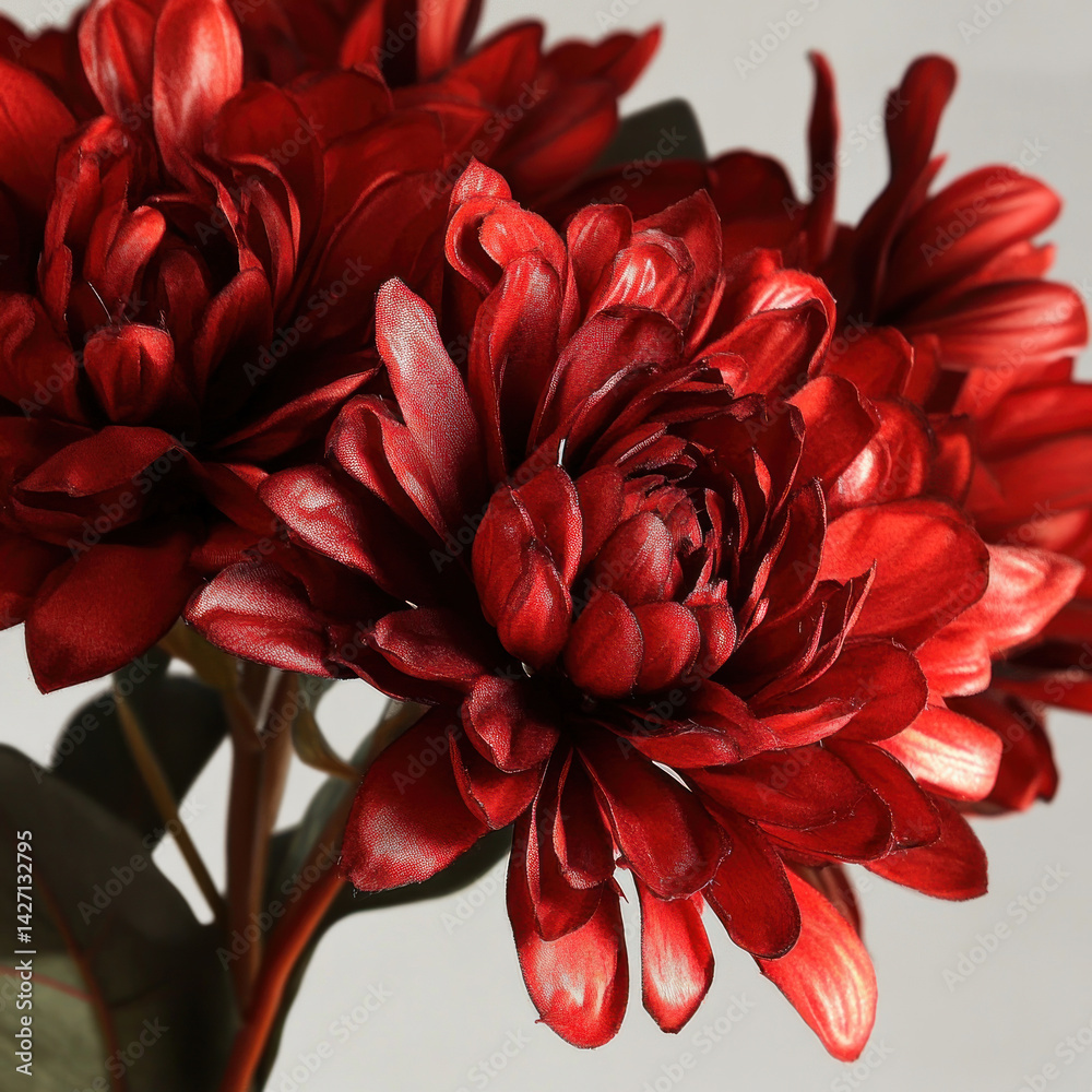 A close-up of rich red chrysanthemums against a neutral background.