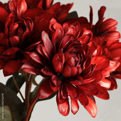 Obraz na płótnie A close-up of rich red chrysanthemums against a neutral background. w salonie