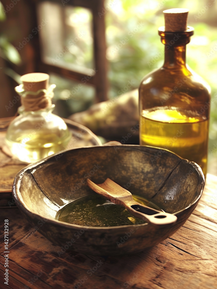 A vintage-style scene with bottles of vegetable oil and a metal bowl with a wooden spoon resting in the aromatic liquid.