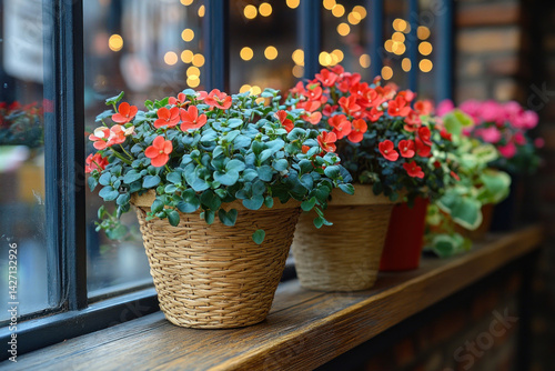 Obraz na płótnie Flowering indoor plants in wicker pots stand on the windowsill near a large window. w salonie