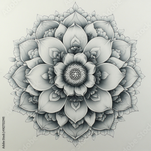 A black and white graphic mandala in the form of a flower, executed with high detail and symmetry. 