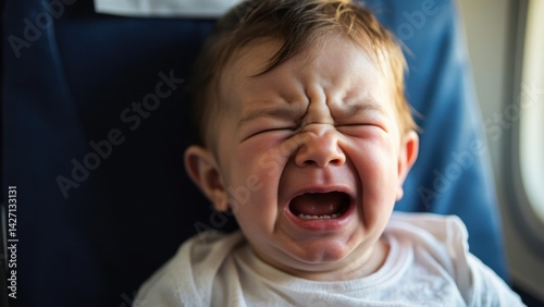 Upset baby crying loudly while sitting in airplane seat during flight, emotional moment of travel discomfort, natural lighting through aircraft window, parenting and travel challenges
