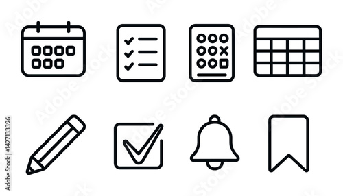 Productivity and organization icon set – linear style task management and efficiency symbols: calendar, checklist, calculator, table, pencil, checkbox, bell, bookmark