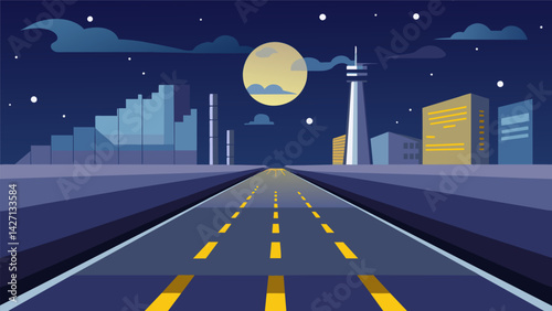The newly paved road glistens under the moonlight showcasing its smooth surface and adding a touch of beauty to the otherwise industrial scene.. Vector illustration