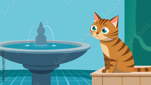 A curious tabby cat peers over the edge of a sleek stainless steel fountain mesmerized by the gentle bubbling of the water as it replenishes itself.. Vector illustration