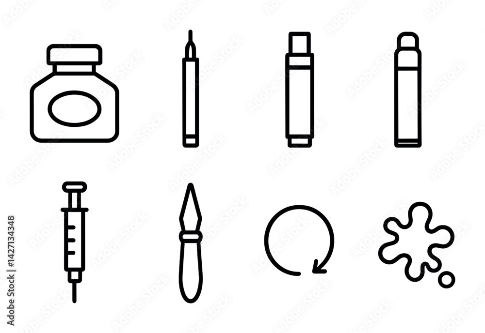 Art supplies outline icon set – artistic tools for creative projects, sketching, and crafting: ink bottle, pen, marker, syringe, paintbrush, paint drop, circular arrow Art supplies outline icon set – artistic tools for creative projects, sketching, and crafting: ink bottle, pen, marker, syringe, paintbrush, paint drop, circular arrow