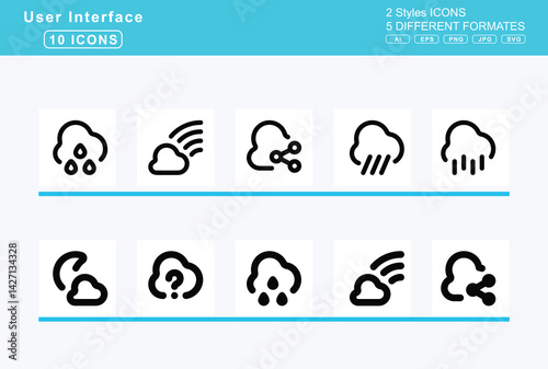 Set of 5 solid user interface icons,cloud, exclamation, hail, mixed, meatball, moon