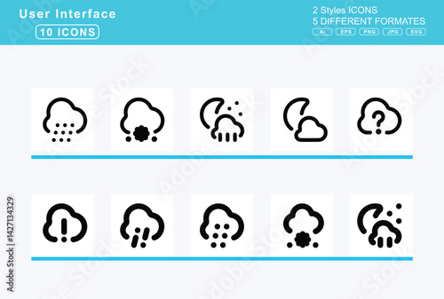 Set of 5 solid user interface icons,cloud, check, disabled, download, drizzle