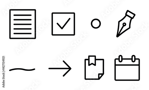 Document management icon set – outline style digital organization and office tools: document, checklist, bullet point, pen, calendar, flow arrow, sticky note, paperclip