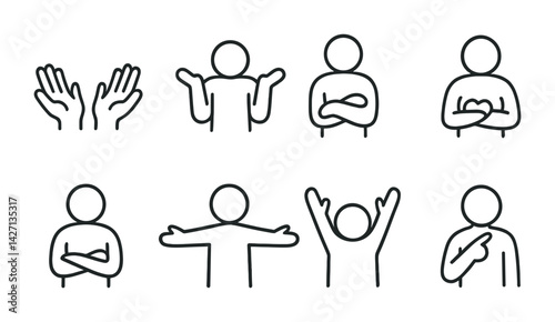 Human gesture icon set – linear style communication and body language symbols for expressive design: waving hands, shrugging, cross arms, heart, open arms, cheering, pointing