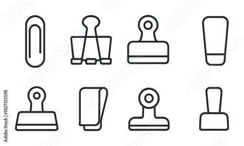 Office supplies icon set – outline style business tools and accessories for office organization, productivity: paperclip, stapler, binder clip, tape dispenser, drafting pen, paper pad, scissors,