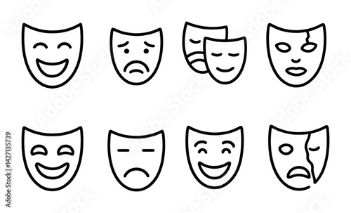 Theater and drama outline icon set – expressive arts and performance symbols for creative storytelling, acting, and stagecraft: comedy, tragedy, masks, curtain, spotlight, stage