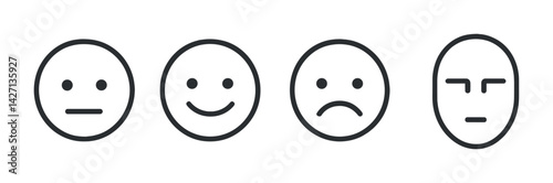 Minimalist emotion outline icons set – linear style for mood tracking and expression: neutral face, happy face, sad face, serious face, emotional symbols, mood icons.