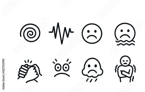 Emotional health icon set – outline style symbols for mental wellness, psychological support, and therapy: spiral, heartbeat, sad face, anxiety, clasped hands, surprised face, cloud head
