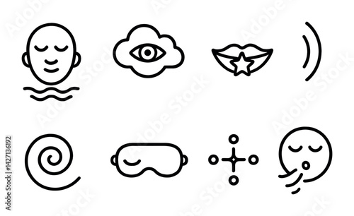 Relaxation and wellness icon set – outline style symbols for mindfulness, spa, and self-care: meditation, eye in cloud, calm lips, spiral, sleep mask, wind