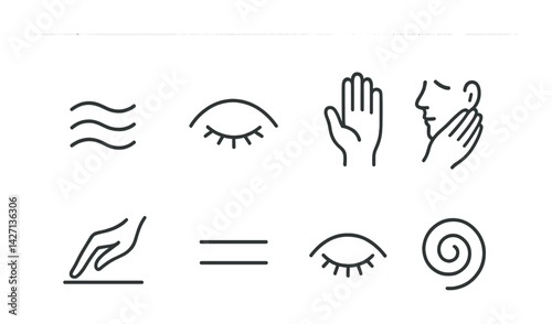 Sense and perception outline icon set – minimalist sensory and awareness symbols for educational and wellness contexts: wave, eye, hand, face, touch, line, spiral