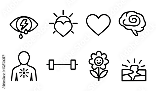 Mental health awareness icon set – outline style emotional wellness symbols for mental strength, positivity, and self-care: crying eye, heart, brain, person, barbell, flower, crack