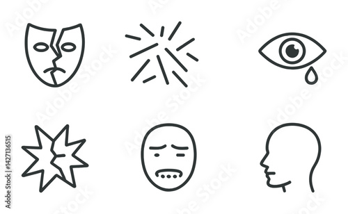 Emotion and expression icon set – outline style mood and feeling symbols for mental health, communication, and therapy: sad face, crying eye, broken mask, head profile, burst, anguish