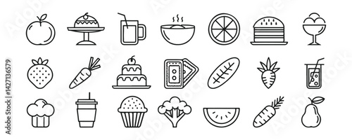 Modern Food Icon Collection, Minimal Line Art & Bold Silhouette Styles, Vector Illustrations on White Background