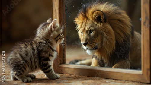 A small kitten gazes into a mirror, but its reflection shows a majestic lion. The image plays with perception and symbolism, representing confidence, potential, and inner strength beyond outward appea