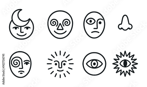 Face art icon set – outline style emotional expression and abstract symbol icons: moon face, swirl face, triangular nose, eye, sun face, spiral face, nose, eye with rays